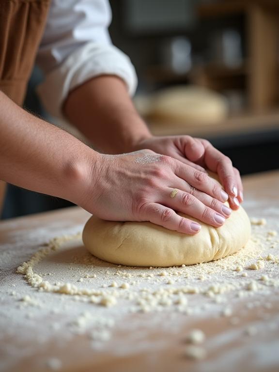 Close-up of a baker's hands gently kneading fresh dough on a floured surface.
