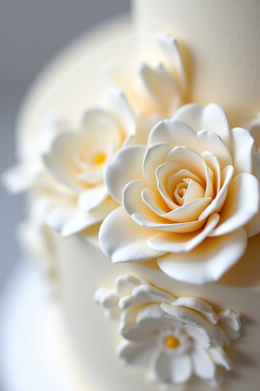 A detailed close-up of intricate sugar flower work on a cake.