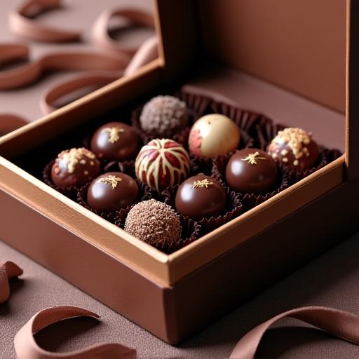 An open luxury box showcasing gleaming artisanal chocolates.