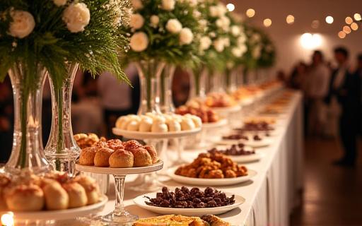A full dessert table at a wedding, laden with treats.