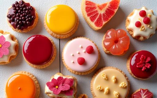 A top-down view of an assortment of colourful pastries.