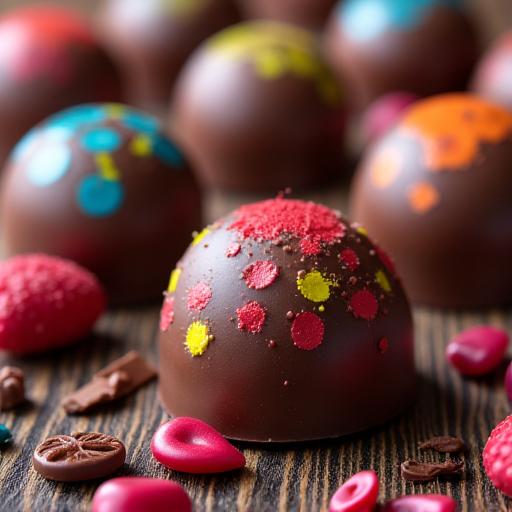 A vibrant assortment of hand-painted artisanal chocolate bonbons.