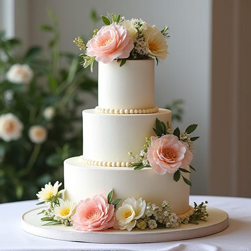 A stunning multi-tiered wedding cake adorned with fresh flowers.
