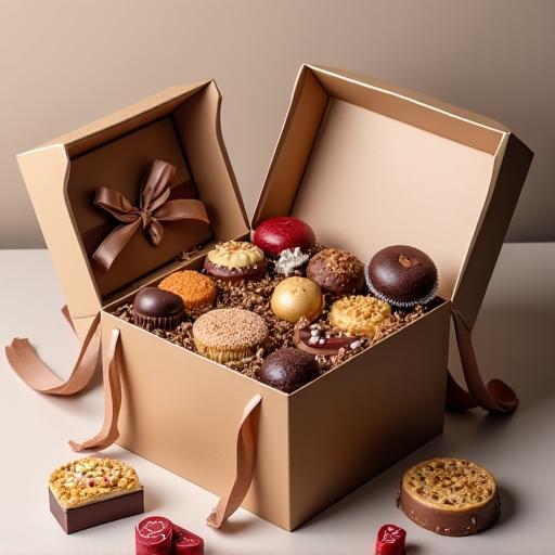 An elegant corporate gift hamper filled with pastries and chocolates.