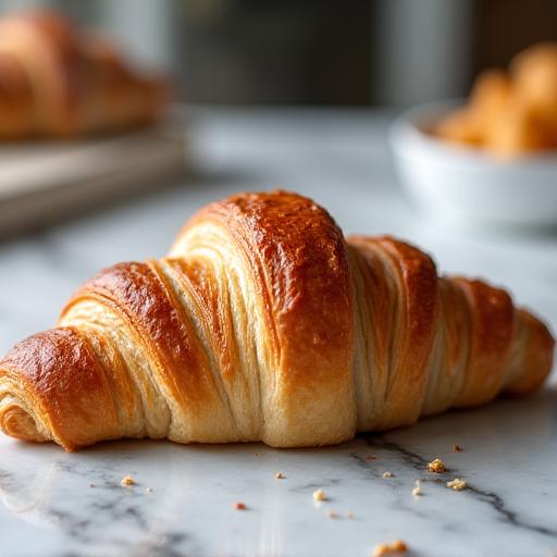 A flaky, golden-brown croissant on a marble countertop.