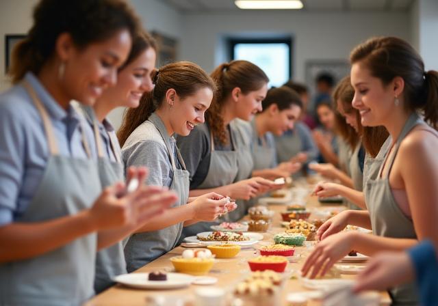 A group of people happily participating in a baking workshop.
